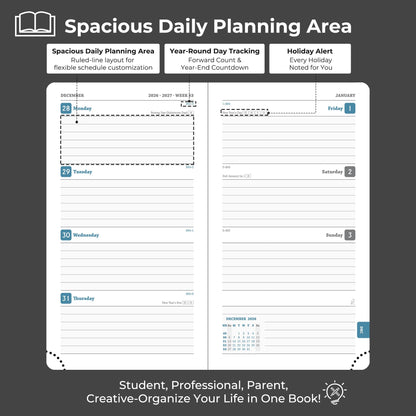 IN-LUXPRO Planner 2026-2027 Daily Weekly and Monthly,6.5"x3.75",18 Months Spiral Bound Calendar Agenda with Self-adhesive Pen Holder,2026 Academic Plan with Vegan Leather Soft Cover,Black