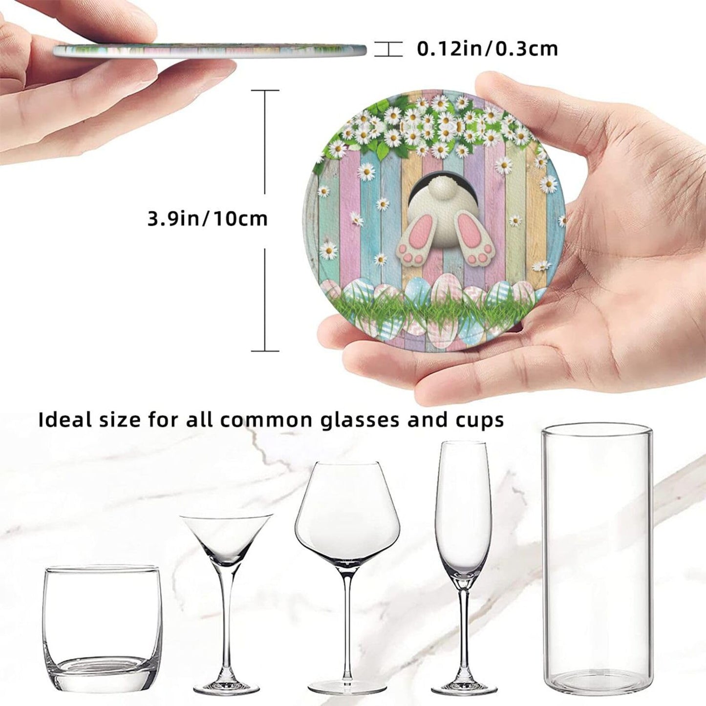 6 Pack Cute Easter Eggs Bunny Coasters for Drinks with Holder, Leather Coasters for Kitchen,Coffee Decor