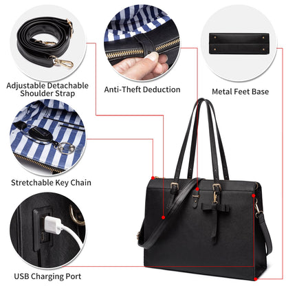 Keyli Laptop Tote Bag for Women Waterproof Leather Work Laptop Briefcase with Built-in USB Charging Port Computer Shoulder Bags Fits 15.6 Inch, Business Handbag Purse 4pcs Set Black