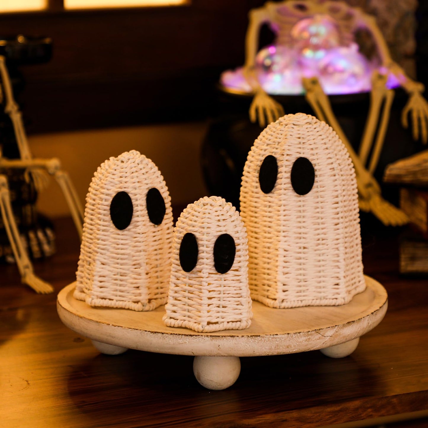 Geelin White 3 Pcs Halloween Rattan Wicker Ghosts Decoration Cute Farmhouse Ghost Figurines for Table Tray Shelf Desk Tiered Tray Centerpieces Indoor Tabletop Halloween Decor