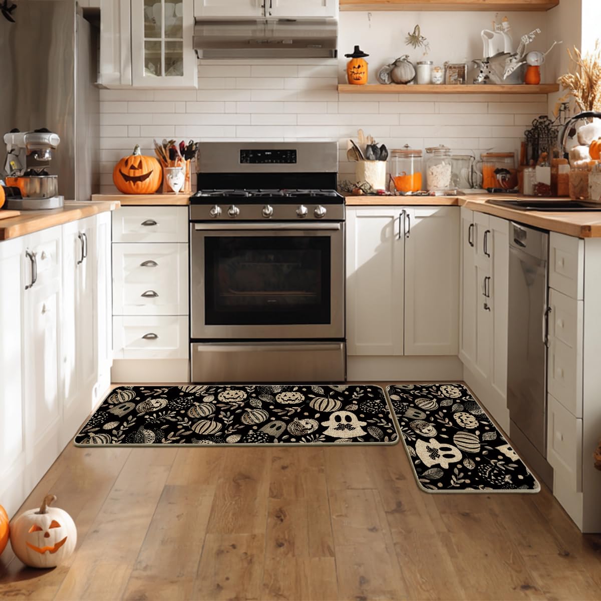 Artoid Mode Ghosts Boo Pumpkin Leave Halloween Kitchen Mats Set of 2, Low-Profile Home Decor Kitchen Rugs for Floor - 17x29 and 17x47 Inch