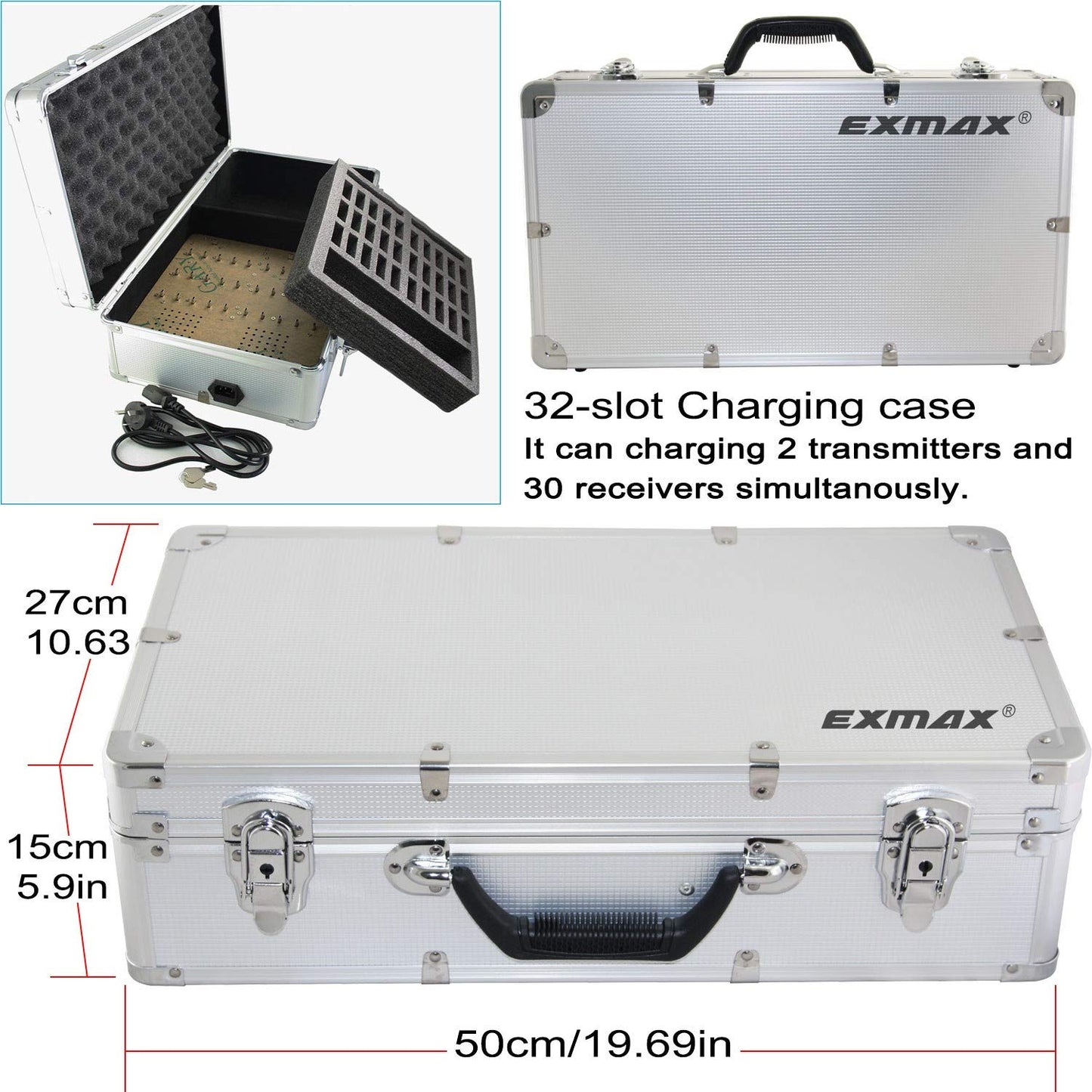 EXMAX Church Translation System Tour Guide Solutions for Social Distancing at Work ATG-100T 195MHz for Meeting Tour Group Exhibition(2 Transmitters & 20 Receivers + Aluminium Alloy Charge Case)