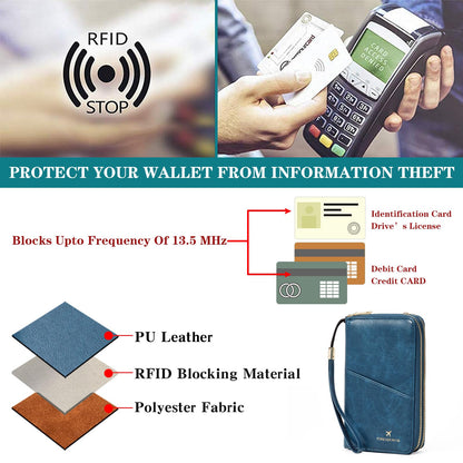GOIACII Passport Wallet Travel Crossbody Bags for Women Wristlet Phone Purse Double Zip Vegan Leather Blue