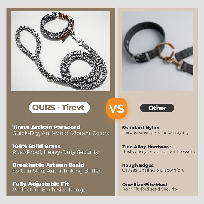 Tirevt Hand-Woven Dog Collar and Leash Set:Color-Block Design, Premium Reinforced Buckle, Adjustable Artisan Paracord for Puppies, Small, Medium & Large Dogs (Black, L)