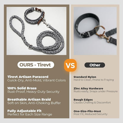 Tirevt Hand-Woven Dog Collar and Leash Set:Color-Block Design, Premium Reinforced Buckle, Adjustable Artisan Paracord for Puppies, Small, Medium & Large Dogs (Black, M+)