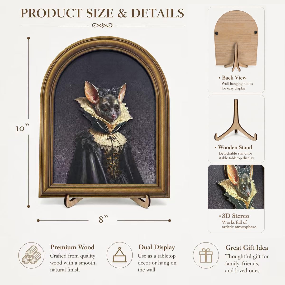 3D Gothic Bat Table Decor Painting, Dark Academia Victorian Vampire Animal Portrait Wooden Wall Art for Home Bar Desk Shelf, 8x10 Inch