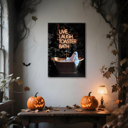 Gothic Ghost Wall Art Funny Live Laugh Toaster Bath Posters Dark Academia Halloween Decor Spooky Witchy Canvas Cute Ghost in Bathtub Prints Pictures for Bathroom Restroom Neon Sign 12x16inch Unframed