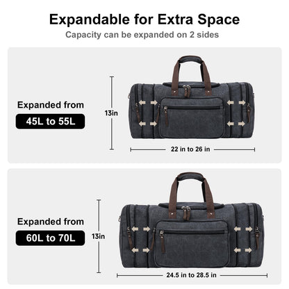 EKOROMIER Large Canvas Travel Duffle Bag - Expandable to 70L, Durable Weekender for Men & Women - Ideal for Airplanes Travel, Gym, and Business(Dark Grey)