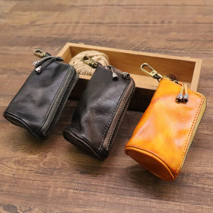 LFWATAXY Medieval Leather Zipper Coin Pouch, Genuine Cowhide Handcrafted Coin Organizer Change Holder Keychain Coin Purse for Men & Women (Brown)