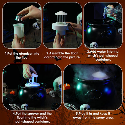 Wettarn Halloween Witches Cauldron 8 Plastic Smoking Cauldron Punch Bowl Decorations with Handle Mist Maker Fogger 12 LED Lights Fog Machine Atomizer Large Smoking Pot for Indoor Outdoor Parties