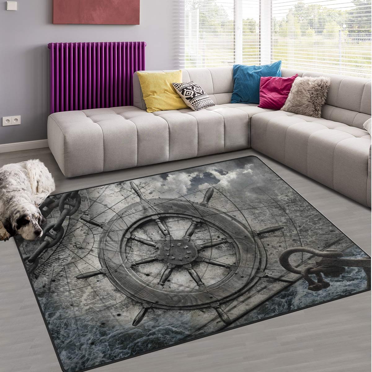 Naanle Ocean Area Rug 5'x7', Steering Wheel Charts Anchor Chains Polyester Area Rug Mat for Living Dining Dorm Room Bedroom Home Decorative