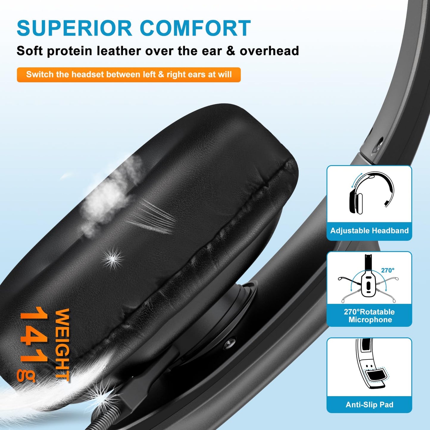 LEAYU Bluetooth Headset, 60hrs Noise Canceling V5.2 Over Head Headphones, Single Ear Trucker Wireless Headset with Mic, Mute Button, Multipoint, for Phones PC Computer Truck Driver Office Work - Black