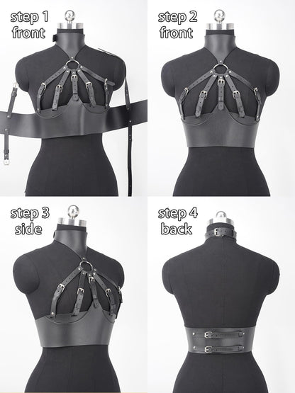Adjustable PU Leather Chest Harness for Women, Alloy Buckle Body Strap with Multi-Strap Design, Gothic Punk Fashion Accessory for Festival, Rave, Cosplay, Clubwear(Fit Bust 28.9-34.3in) Black