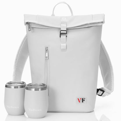VIN FRESCO Two Bottle Rolltop Wine Tote Bag – Stylish PU Leather Backpack with Matching Tumblers – Wine Carrier with Padded Straps and Compartments for Travels & Picnics (Gray)