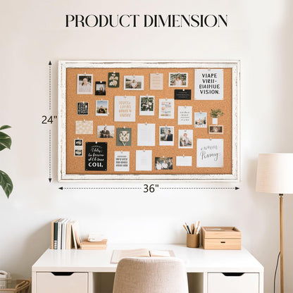 QUEENLINK Cork Board Bulletin Board, 36" x 24" Corkboard for Wall, Rustic White Wooden Frame, Hanging Pin Board for Home & Office Decor, 10 Push Pins