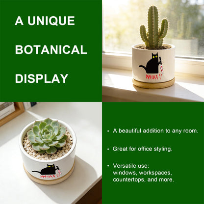 Funny Hello Black Cat Ceramic Plant Pot for Succulent, Cute Cat Cactus Flower Planter for Windowsill Indoor Decor, Home Office Decoration for Plant Lovers Friends Owner Lover (No Plants) (What)