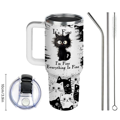 CGMIBAS Cat Lover Gifts, Gift for Cats Lovers Women Men Girls Funny 40oz Black Cats Themed Tumbler Cups with Handle - Everything Is Fine Mug, Christmas Birthday Gift for Black Cat Mom Lady Gifts Cup