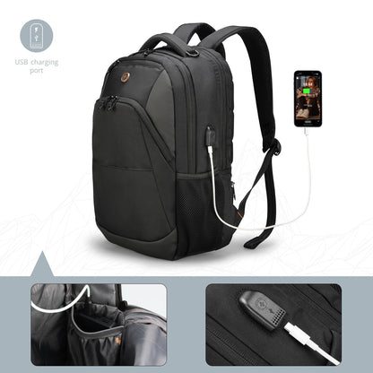 Swissdigital Design Travel Laptop Backpack, College Laptops Backpack with USB Charging Port for Men and Women Fits 16 Inch Notebook, Black | SD1670-01