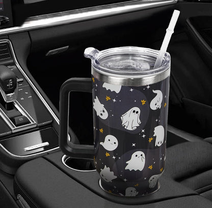 Rcvlauf Halloween Tumbler 40oz Ghost Tumbler Spooky Leak Proof Cups with Handle and Straw Insulated Water Bottle Coffee Travel Mugs for Halloween Decor Gifts for Women Men (1PCS)