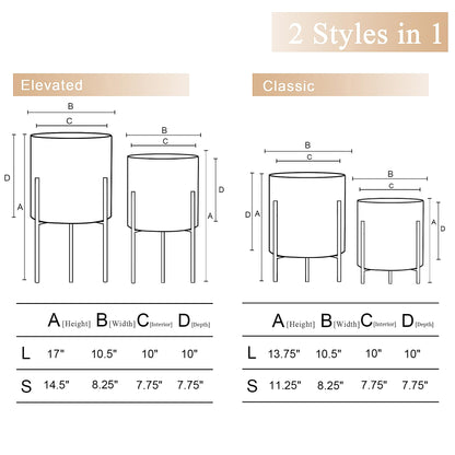 ARNIS Plants Pots with Stand, Set of 2 Indoor Planter Pots, Unique Mid Century Decorative Metal Flower Pots with Drainage,8.25 & 10.5 Inch, Grey and White