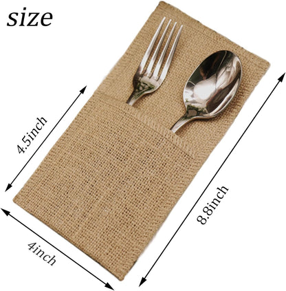 FQTANJU 50 Pcs Burlap Utensils Holders, 4"x8.8" Natural Jute Cutlery Pouch Silverware Holder Knives Forks Spoon Napkin Bag for Rustic Wedding Party Decorations favors