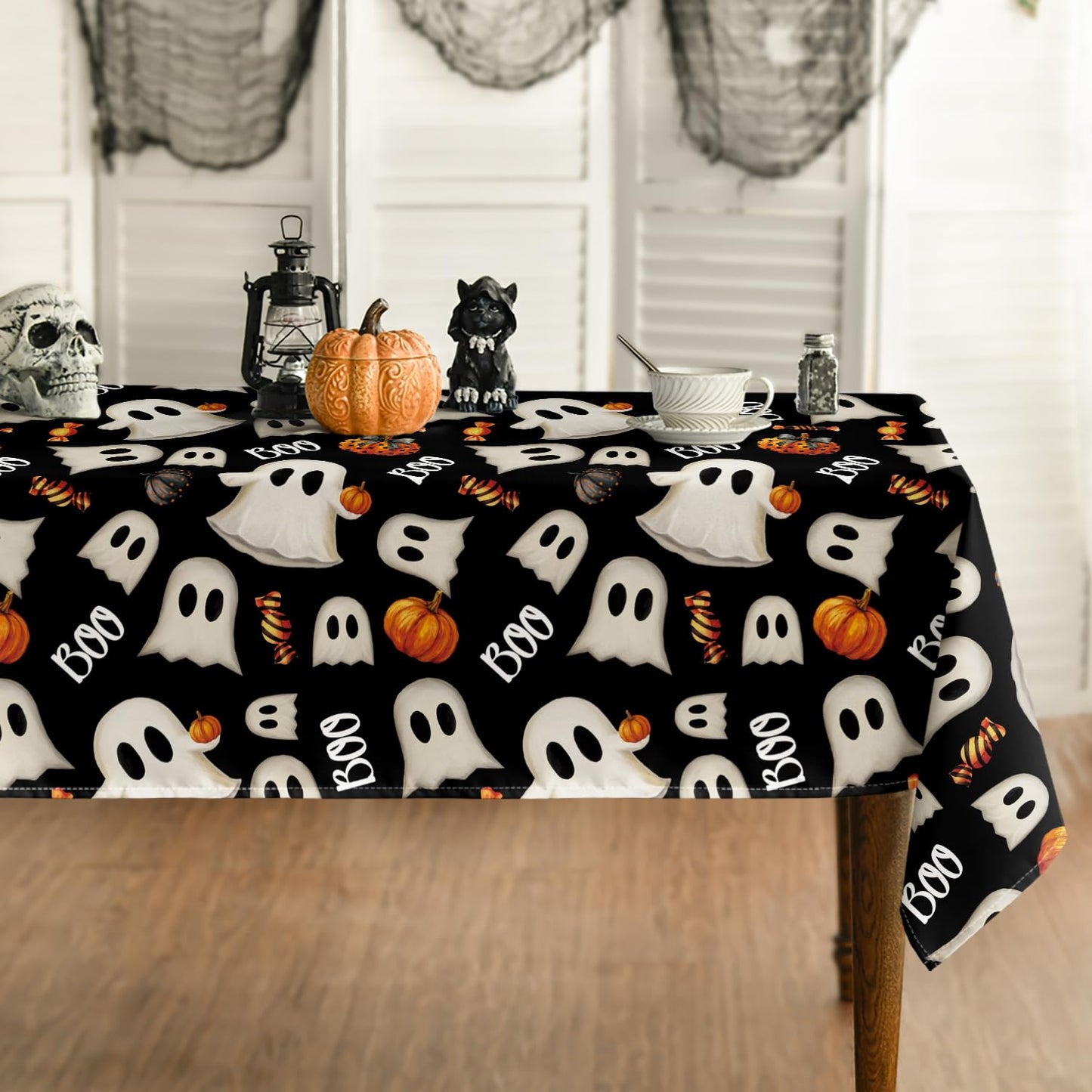 Horaldaily Halloween Tablecloth 60×104 Inch Rectangular, Black Ghost Pumpkin Candy Washable Seasonal Table Cover for Party Picnic Dinner Decor