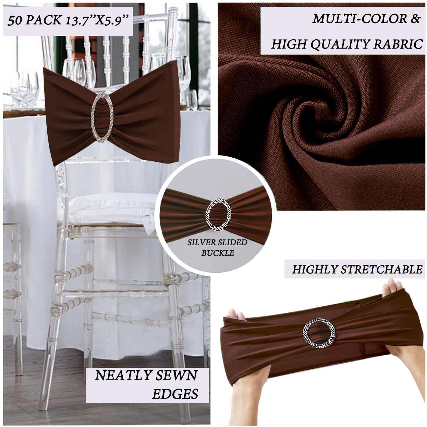 JFDYDM Brown Chair Sashes 50 Pack, Spandex Brown Chair Bows Bands with Buckle Slider for Folding Chairs Wedding Party Birthday Decor, Chair Ties