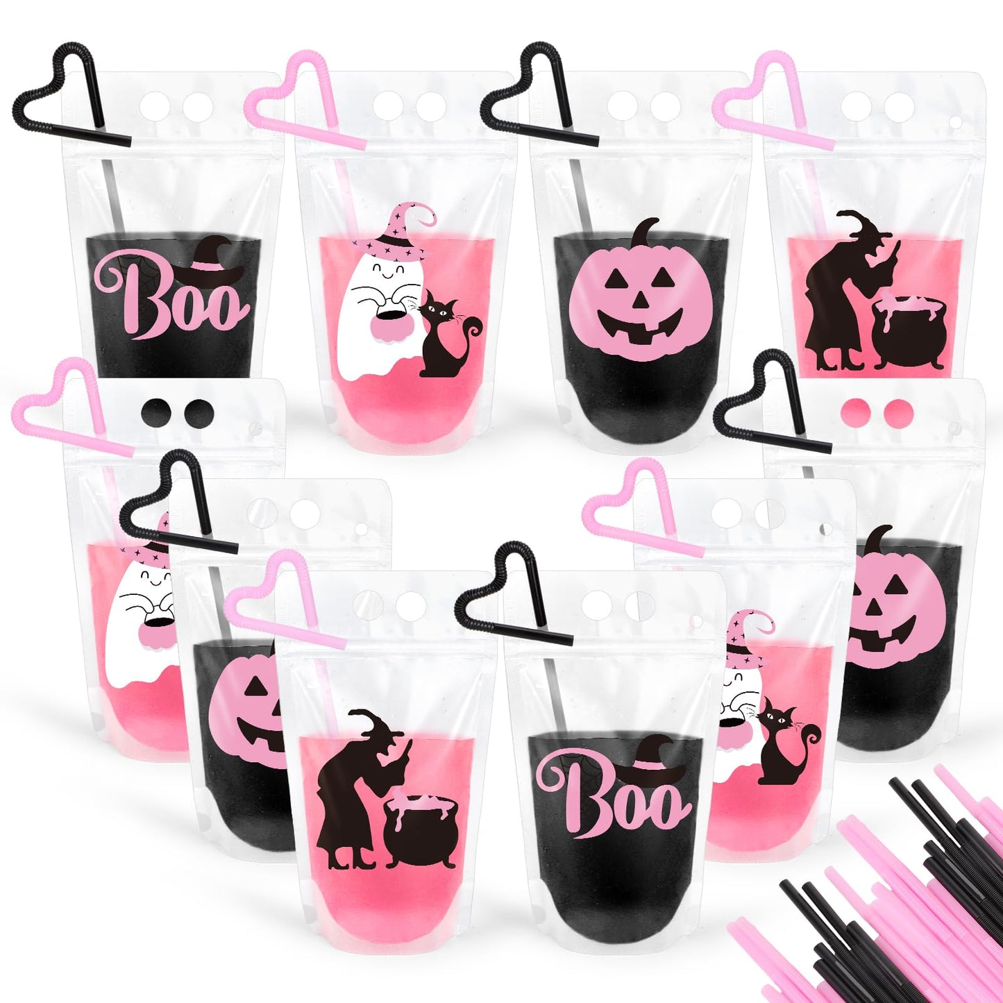 JarThenaAMCS 36 Set Halloween Drink Pouches Pink Black Cute Clear Plastic Juice Pouches 4 Designs Drink Bags Handheld with Straws for Halloween Birthday Baby Shower Party Adults Alcohol