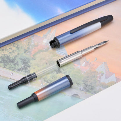 Jinhao 10 Press Fountain Pen with Box, Gradient Dark Blue Retractable Extra Fine Nib with Ink Converter Set (Black Clip)