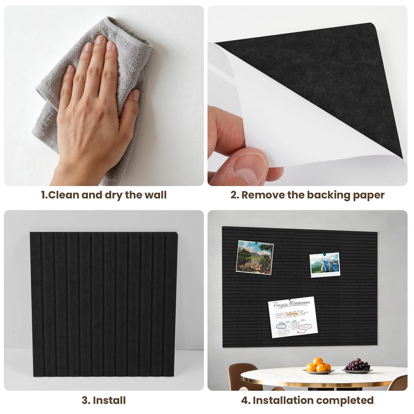 TOMAIX 12-Pack Felt Bulletin Boards (11.8" x 11.8") – Self-Adhesive Wall Tiles with Pushpins; Ideal for Offices, Classrooms, and Home Decor; for Posting Notes, Photos, and Memos(Black)