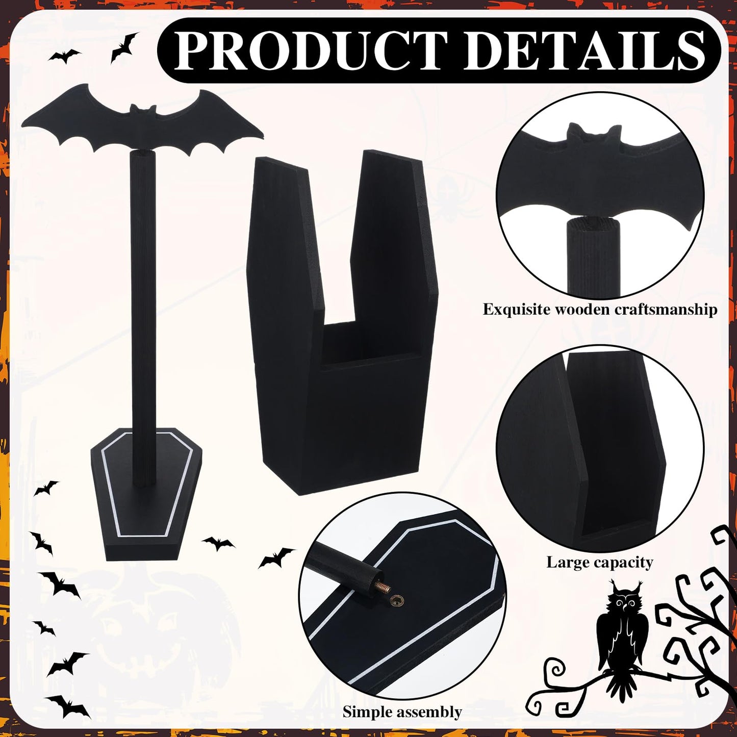 Uiifan Gothic Paper Towel Holder Bat Paper Towel Holder Coffin Kitchen Utensil Holders Halloween Gothic Kitchen Accessories Black Wood Spooky Decor for Home Table Bathroom Gifts Decoration