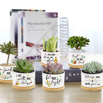 Tarklanda 6Pcs Christian Gifts Plant Pot, Bible Verse Succulent Pots Mini Ceramic Flower Planters Pot with Bamboo Tray Thank You Religious Gift for Mother Teacher, Plant Not Included