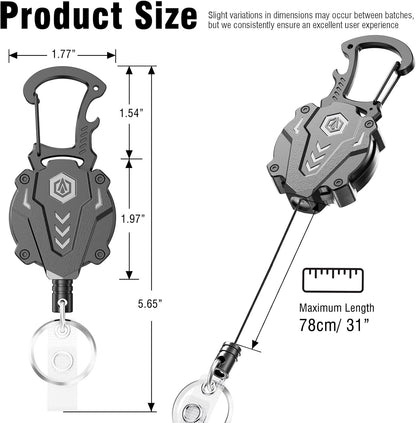 1Pack Heavy Duty Retractable Keychain, Tactical ID Badge Holder Reel Carabiner Clip with Magnetic Closure for Men, Unbreakable Sandwich Construction with 31" Dyneema Cord, Bearing 25oz