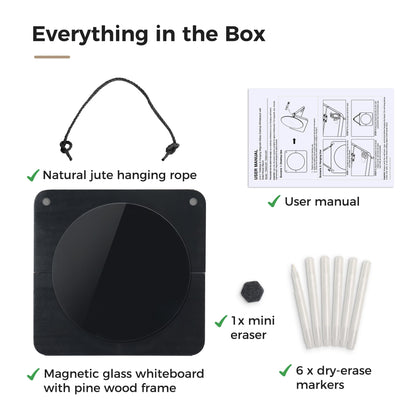 TOWON Glass Desktop Whiteboard with Solid Wood Stand - Foldable Mini Dry Erase Board for Desk - 2-in-1 Tabletop & Hanging Memo Board for Office Decor, Magnetic, Black and Round