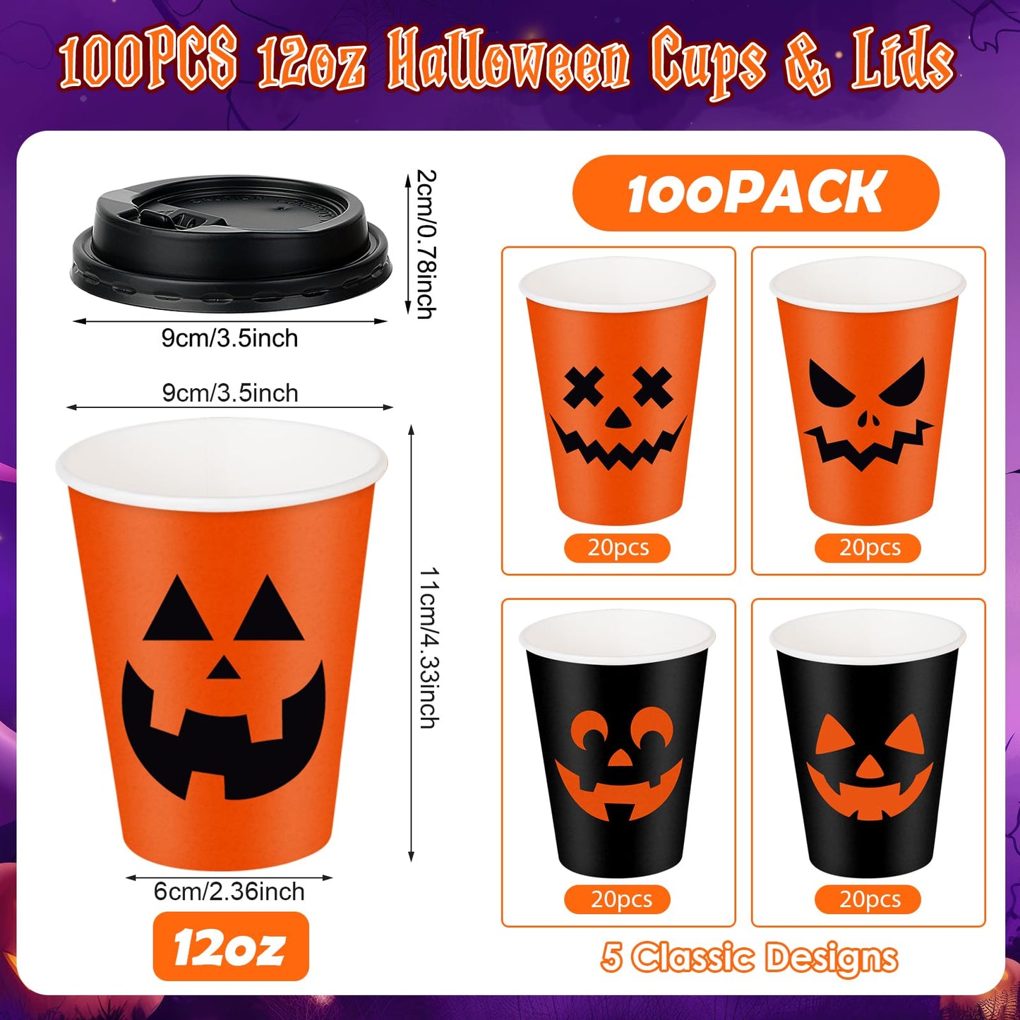 Hauwellter 100 Set Halloween Disposable Coffee Cups with Lids 12oz, Bulk Black Orange Pumpkin Disposable Party Paper Cups for Hot Chocolate Cold Drinks Halloween Birthday Party Supplies Decorations