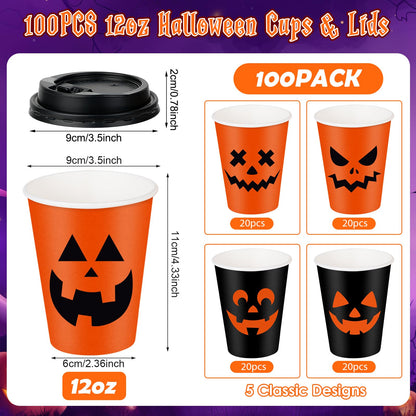 Hauwellter 100 Set Halloween Disposable Coffee Cups with Lids 12oz, Bulk Black Orange Pumpkin Disposable Party Paper Cups for Hot Chocolate Cold Drinks Halloween Birthday Party Supplies Decorations