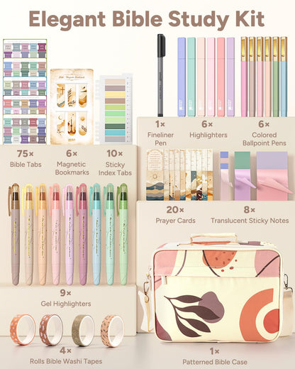 WEMATE 146PCS Bible Journaling Kit with Bag, No Bleed Highlighters and Pens, Tabs, Prayer Cards, Washi Tape, Sticky Notes, Annotation Study Supplies, Christian Gift for Women, College Stationery