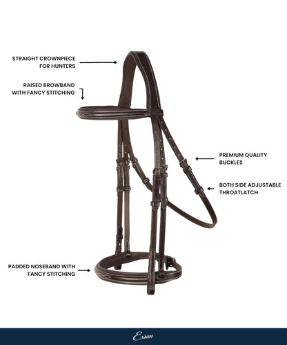 Exion English Hunter Bridle with Designer Stitched Browband & Hunter Noseband – Anatomical Mono Crownpiece, Padded Noseband, Rubber Reins – Horse, Cob, Pony, Oversize – Black, Havana, Oak Brown