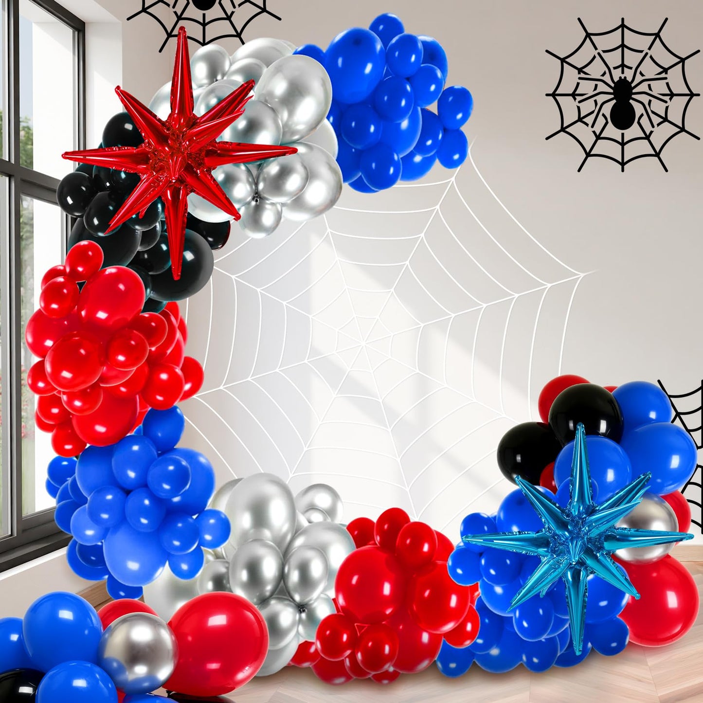 Leyndo 332 Pcs Spider Balloons Arch Garland Kit with 10.8 ft 7 Coils White Fake Spider Web Black Red and Blue Metallic Silver Latex Balloons Arch Kit for Hero Theme Baby Shower Birthday Party Decor