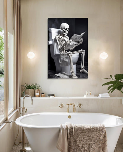 Canvas Wall Art Bathroom Decor Skeleton Sitting on Toilet Reading the Newspaper Picture Funny Skull Painting Modern Artwork for Home Decor Framed(Art-1,16.00"x24.00")