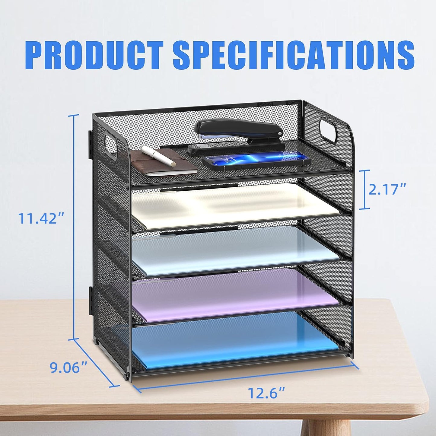 Supeasy 5 Trays Paper Organizer Letter Tray with Handle-Mesh Desk File Holders, Paper Sorter Desk Organizer for Office, Home, Classroom or School