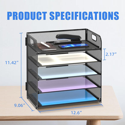 Supeasy 2 Pack 5-Tier Desk Organizer with Handle Mesh Desk File/Paper Organizer Letter Tray for Office, School, Classroom and Home Easy Installation, Black