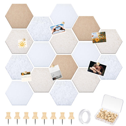 Mindsoft 16 Pcs Hexagon Cork Board for Walls with 50 Wooden Push Pins 12x10 in Felt DIY Tiles Notice with Nano Tape Hanging Bulletin Board for Home Photo Office Memo Note(Retro)