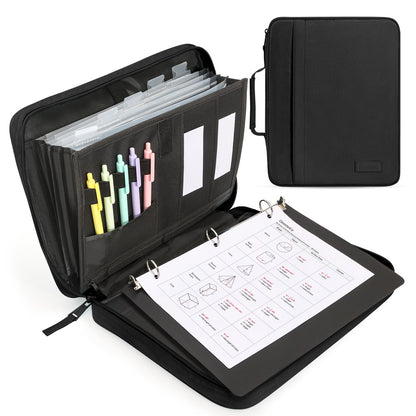 SUNEE Zipper Binder 1 Inch, Removable 3-Ring Binder, 175-Sheet Capacity, 5-Tab Dividers Expanding File Folder, Small Binder Bag Organizer Storage for Student School Classroom Supplies, Black