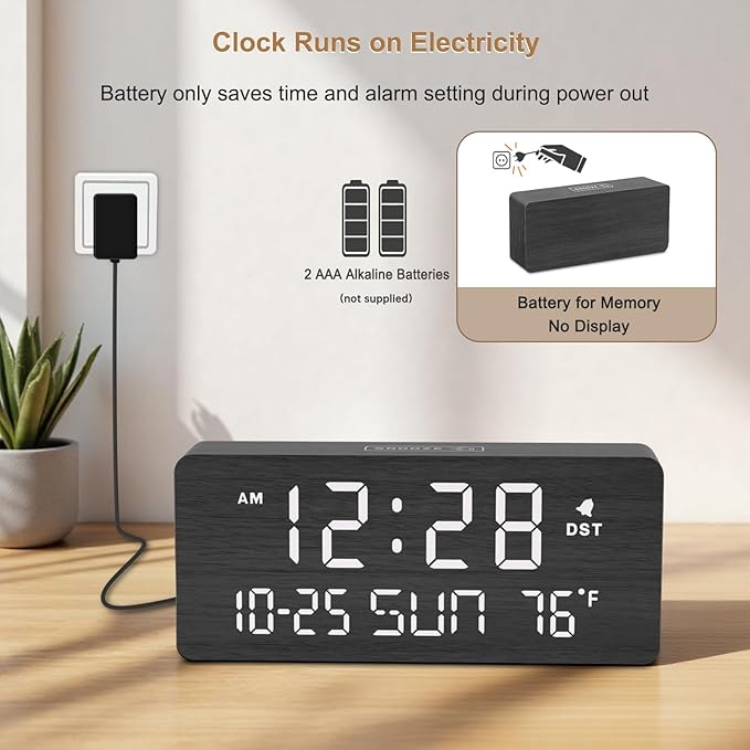 DreamSky Wooden Digital Alarm Clocks for Bedrooms with Date & Day of Week | Living Room Desk Clock, Temperature, USB Port, Dimmer Wheel, Adjustable Volume, Auto DST, Office Wood Decor (Plug-in)