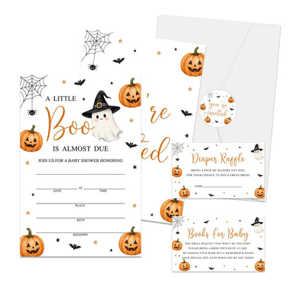 Halloween Baby Shower Invitations, A Little Boo Is Almost Due Ghost Pumpkin Baby Shower Invites, 25 Invitation with Envelopes, Book Request Cards, Diaper Raffle Tickets and Round Stickers -W03