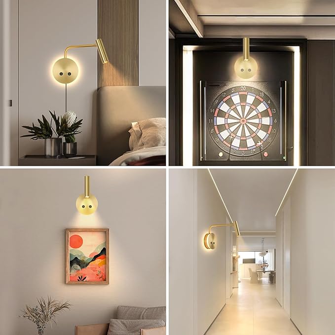 Gold Wall Mounted Reading Light, 3000K Flexible Headboard Reading Sconces with On Off Switch Control, Plug in/Hardwired Wall Light Fixtures with Night Light for Bedside Bedroom Bunk