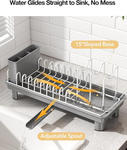 Dish Rack, Carbon Steel Small Dish Drying Rack Rustproof for Kitchen Counter, Compact Space-Saving Dish Drainer with Adjustable Slots for Small Kitchens & Apartments, 16.5×6.5×7inch, Grey