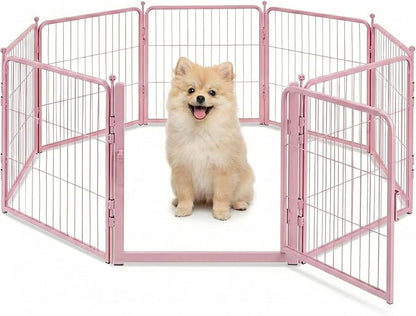 Pink Dog Playpen for Small Dogs & Puppies - 24 Inch Metal Pet Fence Indoor Outdoor with Door, Foldable Exercise Pen, Portable Rabbit Enclosure for Camping, RV, Yard (8 Panels)