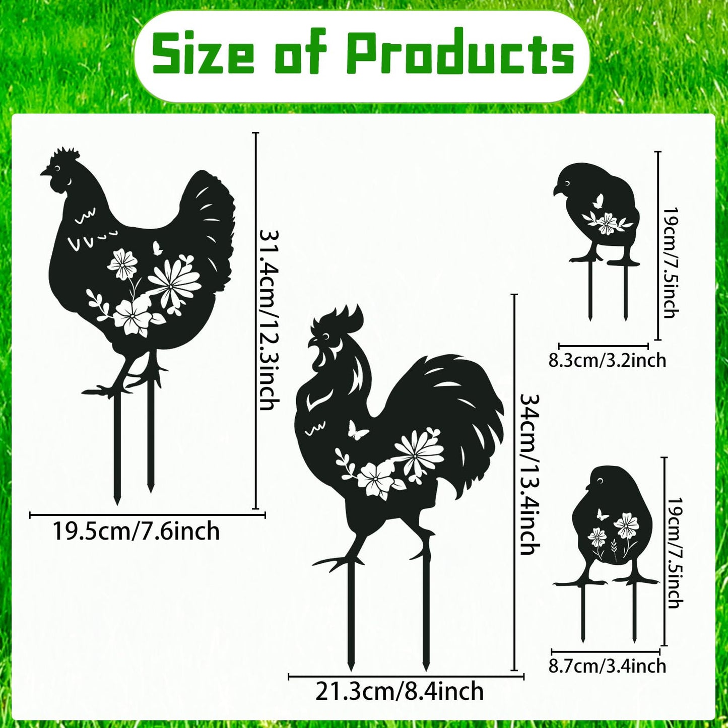 Rngmsi Metal Chicken Yard Art - 4PCS Chicken Garden Decor - Funny Garden Decorations for Yard - Cute Rooster Yard Art - Outdoor and Garden Gifts - Decorative Lawn Stakes for Men and Women
